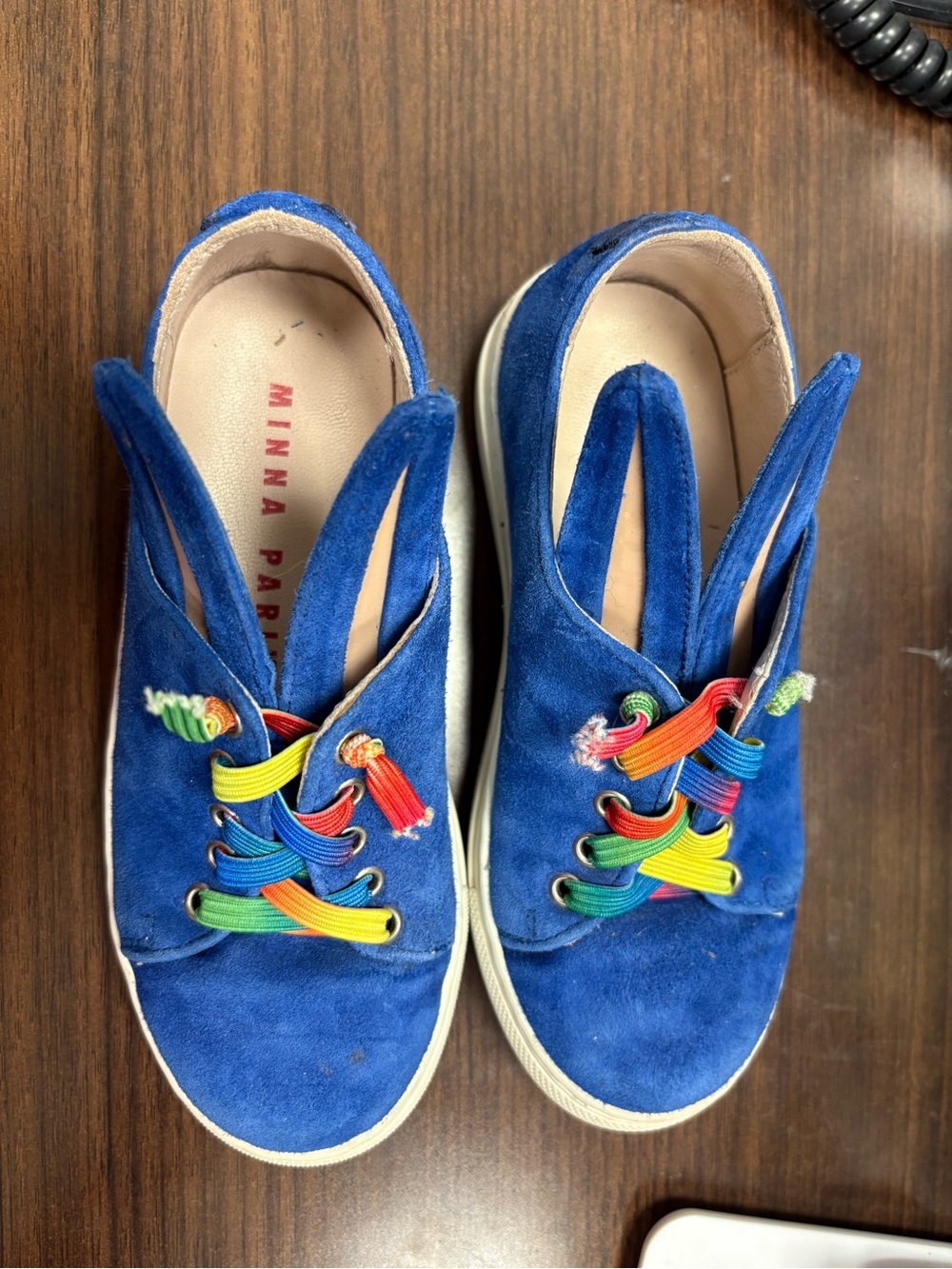 Minna Parikka Blue Suede Slip-On Bunny Sneakers with Rainbow Laces - Picture 3 of 11
